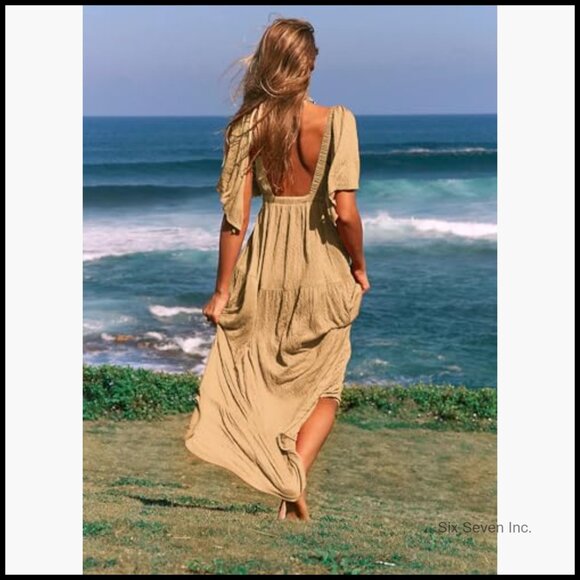 Polyester Maxi Dress with V-Neck Backless Design and Flutter Sleeves - Picture 5 of 7